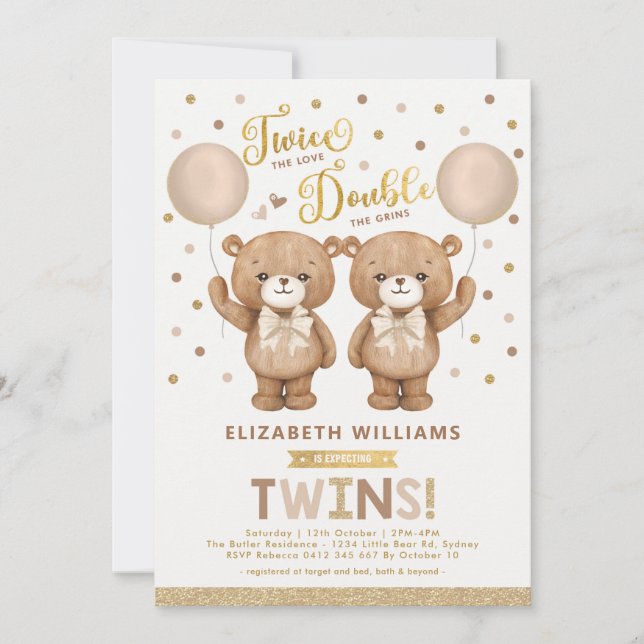 Invitation Balloon Beige Teddy Bear Brown Baby shower jumeau (Devant)