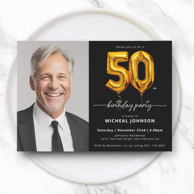 Invitation Balloon Black Gold 50e anniversaire (Balloon Black Gold 50th Birthday Invitation
)