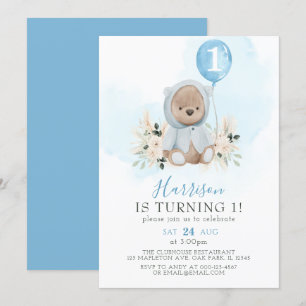 Invitation Balloon bleu Boho Teddy Bear 1er anniversaire