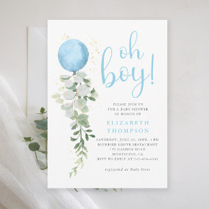 Invitation Balloon bleu Eucalyptus Foliage Oh Baby shower gar