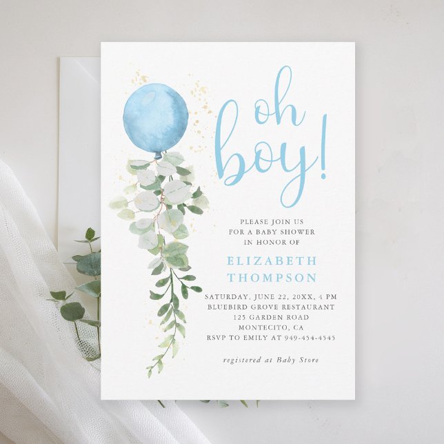 Invitation Balloon bleu Eucalyptus Foliage Oh Baby shower gar (oh boy baby shower invitation blue balloon eucalyptus greenery watercolor blue calligraphy elegant)