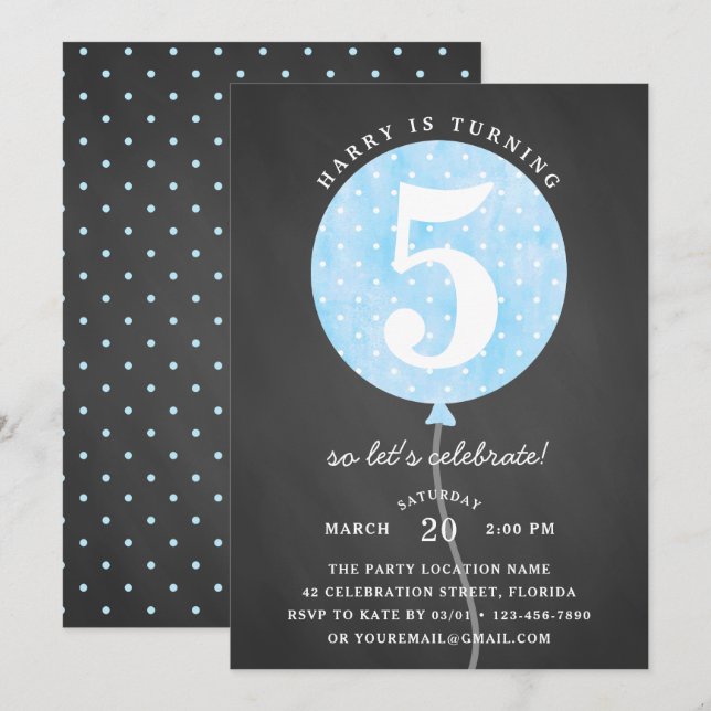 Invitation Balloon bleu Rustique noir Chalkboard Jour d'anniv (Devant / Derrière)