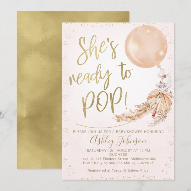Invitation Balloon Boho Rose Prêt À Pop Baby shower (Devant / Derrière)