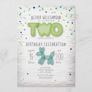 Invitation Balloon Brick Confetti Bleu Vert 2e anniversaire
