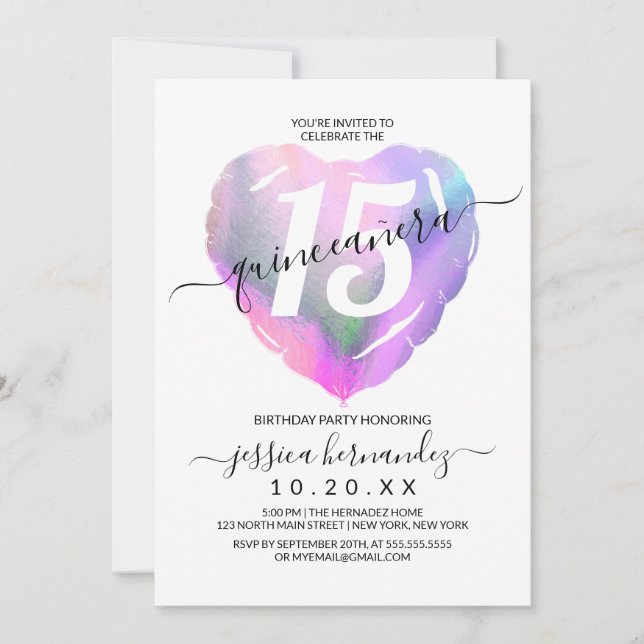 Invitation Balloon Coeur Holographique Blanc Quinceañera (Devant)
