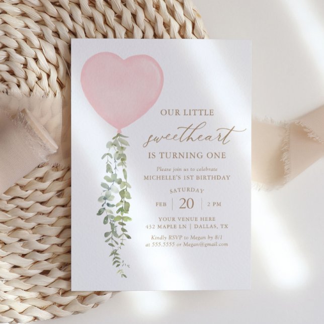 Invitation Balloon Coeur Rose Eucalyptus Fille Anniversaire (Créateur téléchargé)