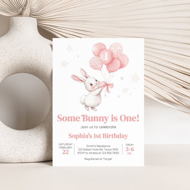 Invitation Balloon de lapin fête d'anniversaire (Some Bunny Pink Bow Balloon Birthday Party Invitation)