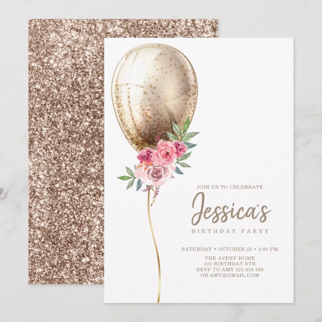 Invitation Balloon de luxe Parties scintillant beige Annivers (Devant / Derrière)