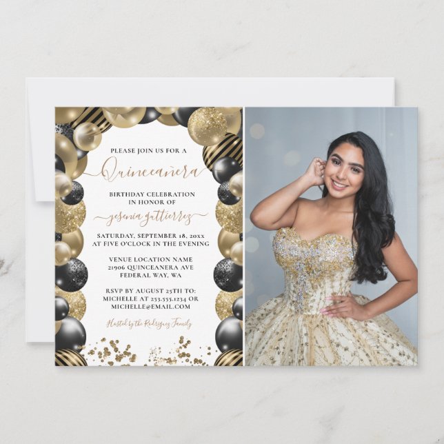 Invitation Balloon de Quinceanera Black Gold Photo Invit (Devant)