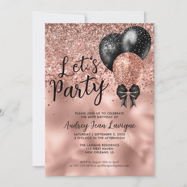 Invitation Balloon d'or Black Rose moderne Faisons la fête An (Devant)