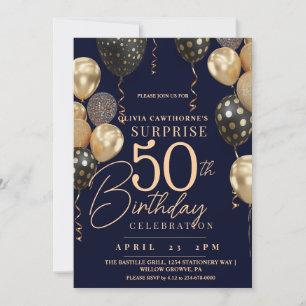 Invitation Balloon Gold & Blue 50th Photo Anniversaire