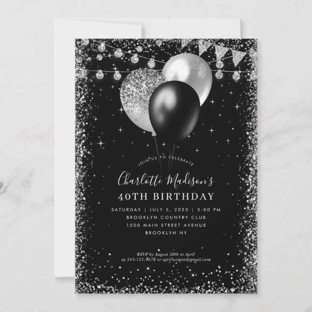 Invitation Balloon gris argenté noir éclaire à tout âge Anniv (Devant)