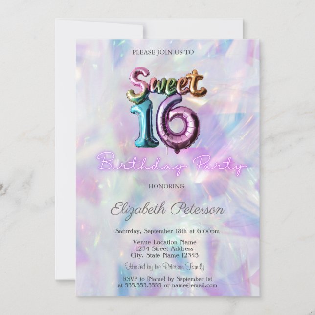 Invitation Balloon Holographique moderne Sweet 16 (Devant)