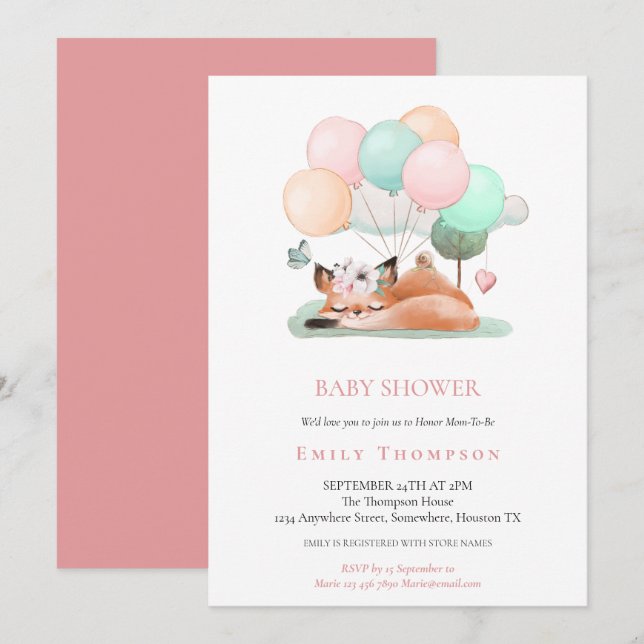 Invitation Balloon motif rose motif Fox couché mou Baby showe (Devant / Derrière)
