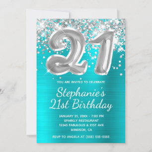 Invitation Balloon Parties scintillant argent Turquoise 21e a