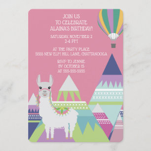 Invitation Balloon rose Alpaca Petite fille Anniversaire