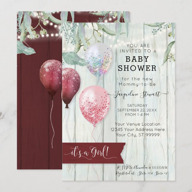 Invitation Balloon rose Bourgogne Baby shower rustique de fil (Devant / Derrière)