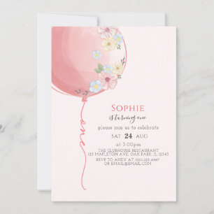 Invitation Balloon rose doux minimaliste 1er anniversaire du