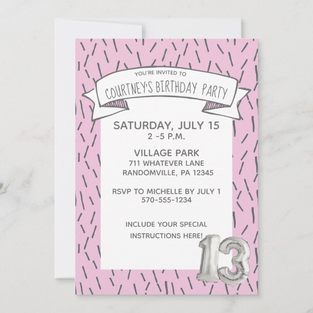 Invitation Balloon rose et gris Filles 13e anniversaire (Dos)