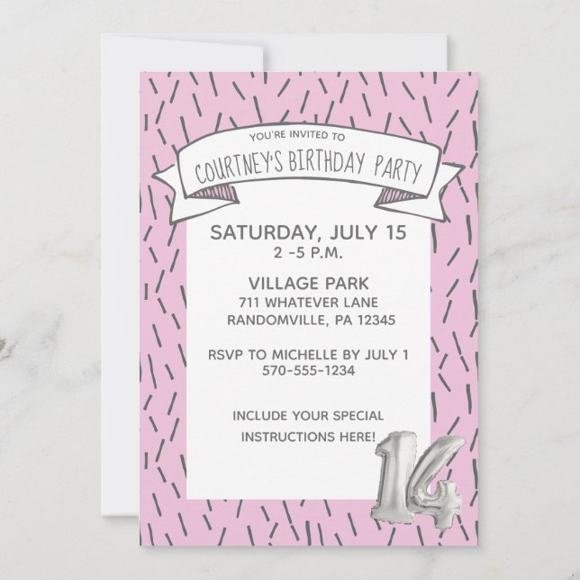 Invitation Balloon rose et gris Filles 14e anniversaire (Dos)