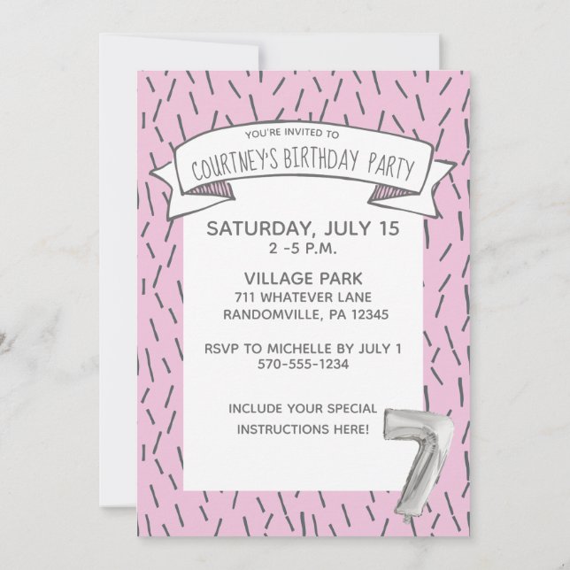Invitation Balloon rose et gris Filles 7e fête d'anniversaire (Dos)