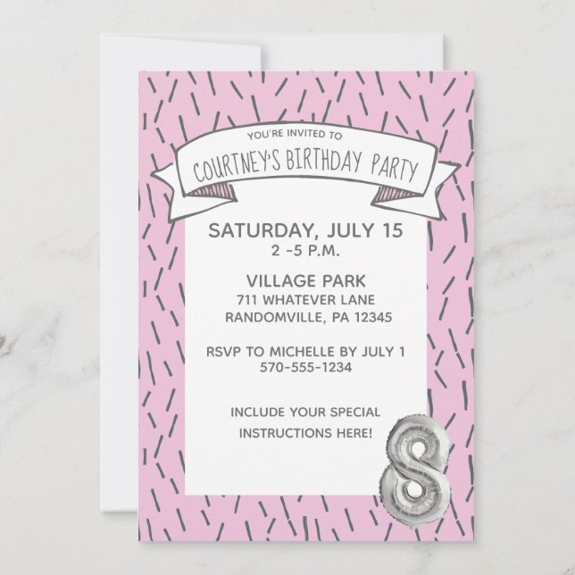 Invitation Balloon rose et gris Filles 8e anniversaire (Dos)
