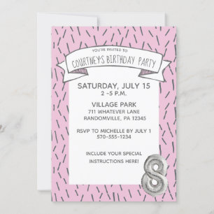 Invitation Balloon rose et gris Filles 8e anniversaire
