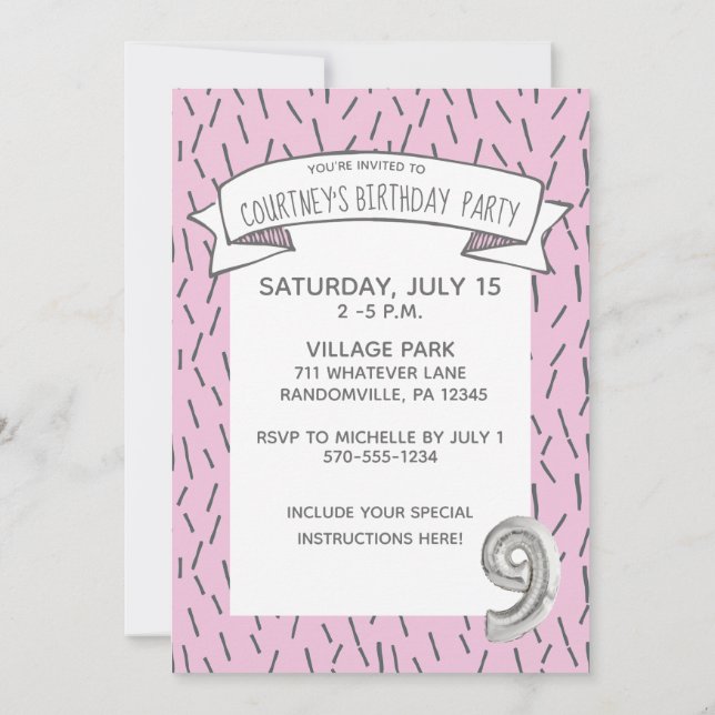 Invitation Balloon rose et gris Filles 9e fête d'anniversaire (Dos)