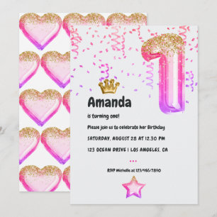Invitation Balloon rose et or princesse 1er anniversaire