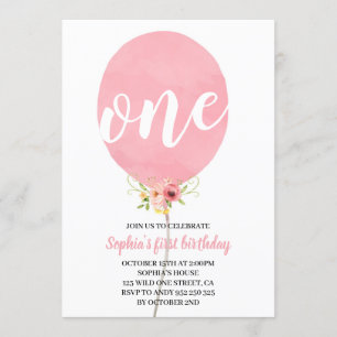 Invitation Balloon rose Fille premier anniversaire