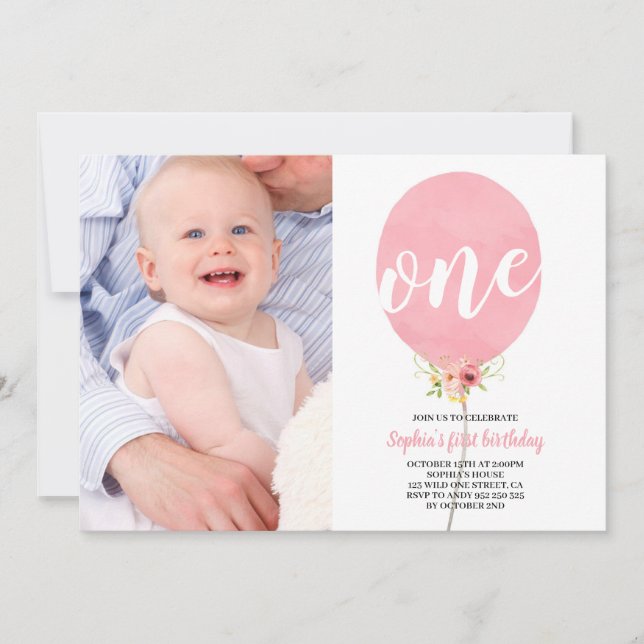 Invitation Balloon rose Fille premier anniversaire avec photo (Devant)