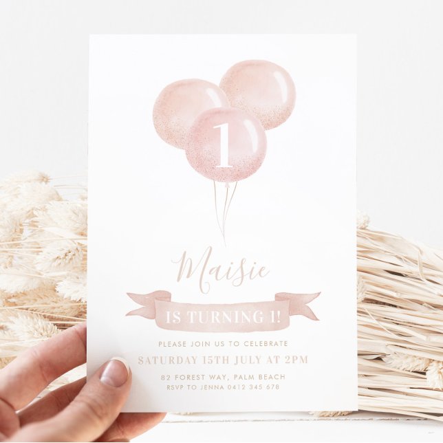Invitation Balloon rose Filles 1er Anniversaire Fête Jolie (Créateur téléchargé)