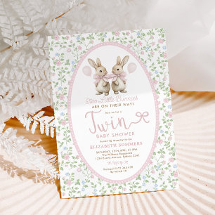 Invitation Balloon rose Floral Bunny Twin Baby shower fille j