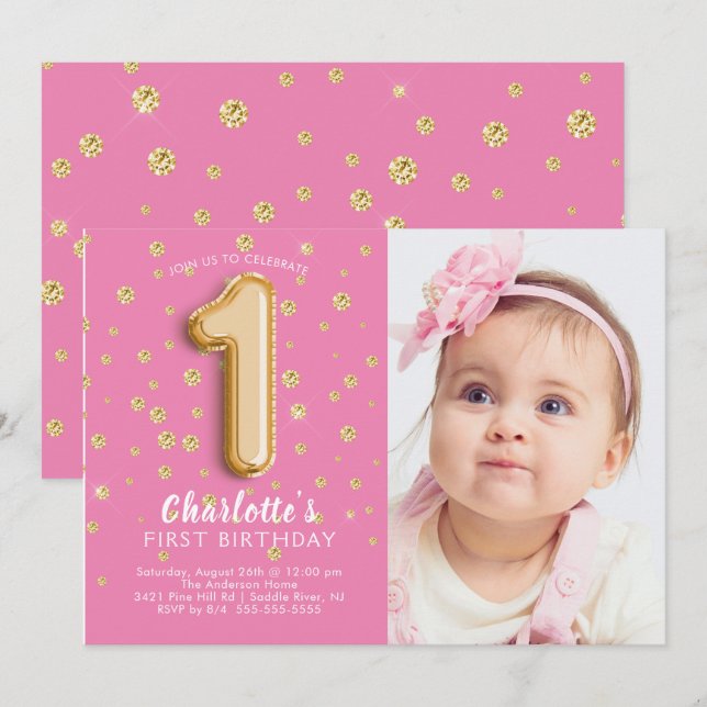 Invitation Balloon rose Foil Photo 1er Anniversaire Invitatio (Devant / Derrière)