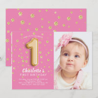 Balloon rose Foil Photo 1er Anniversaire Invitatio