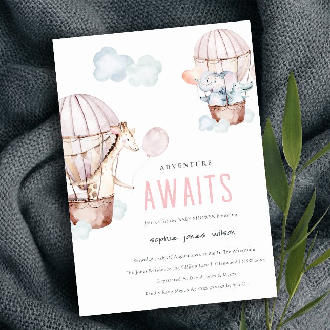 Invitation Balloon Rose Hot Air Safari Animaux Baby shower Da (Créateur téléchargé)