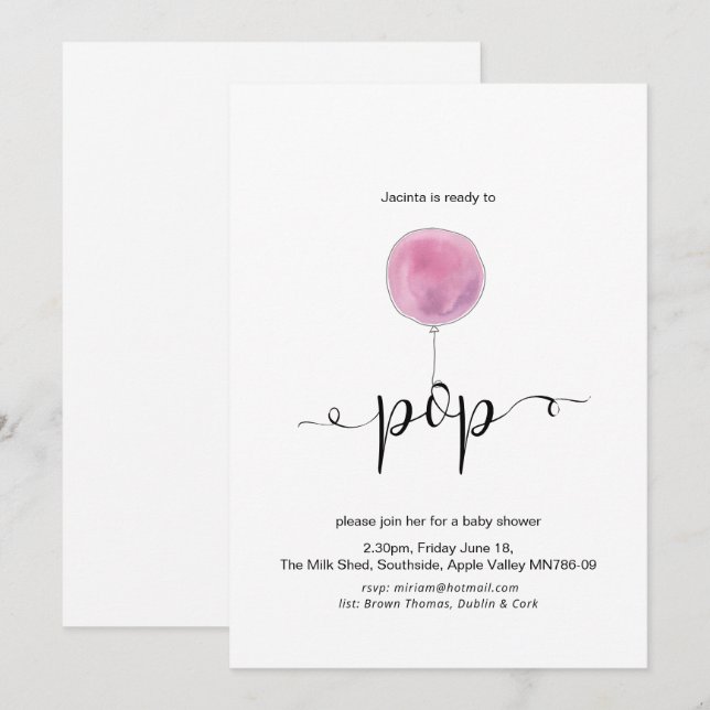 Invitation Balloon rose illustré prêt à faire pivoter le Baby (Devant / Derrière)