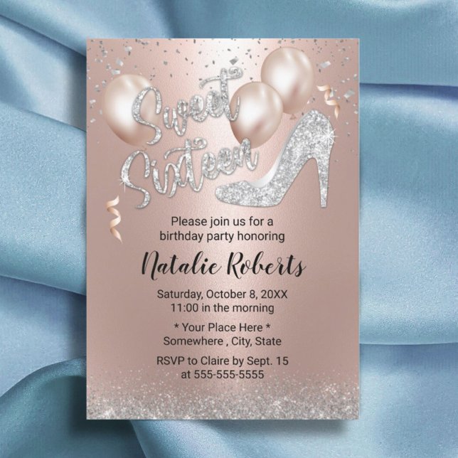 Invitation Balloon rose or argent talon haut moderne doux 16 (Créateur téléchargé)
