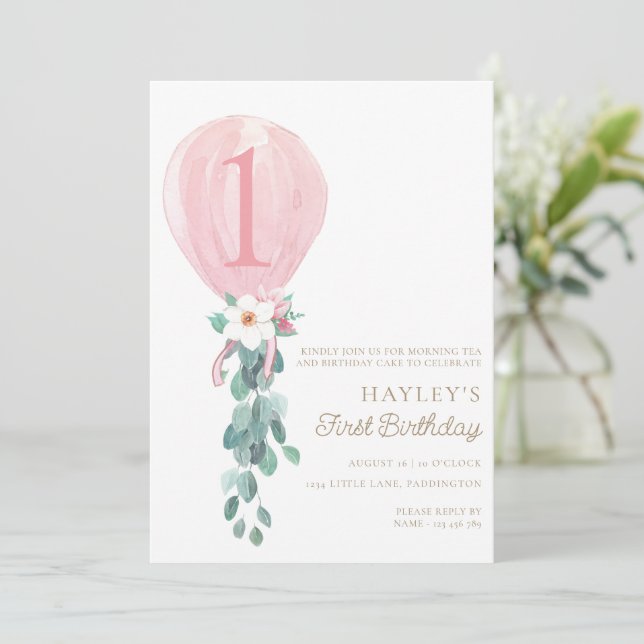 Invitation Balloon rose Premier anniversaire (Debout devant)