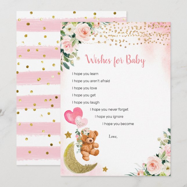 Invitation Balloon rose Teddy Bear Wives for Baby Game Card (Devant / Derrière)