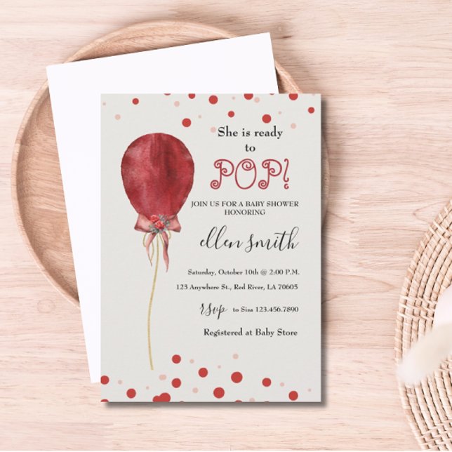 Invitation Balloon rouge pois prêt à pop (Front Polka Dots Red Balloon Ready to Pop Invitation)