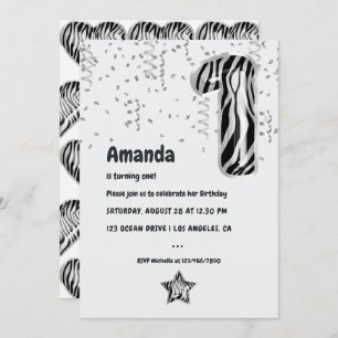 Invitation Balloon Zebra noir et blanc 1er anniversaire