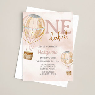 Invitation Balloons à Air Chaud Rose Bohème 1er Anniversaire