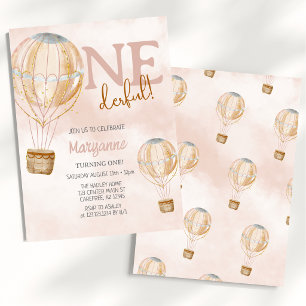 Invitation Balloons à Air Chaud Rose Boho 1er Anniversaire