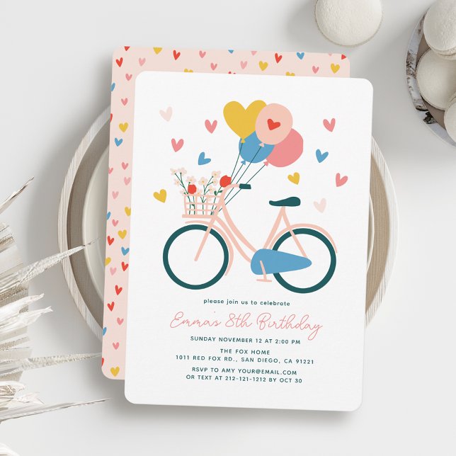 Invitation Balloons à vélo rose et coeurs Fille Anniversaire (Créateur téléchargé)