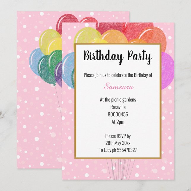 Invitation Balloons arc-en-ciel Bulle rose Anniversaire (Devant / Derrière)