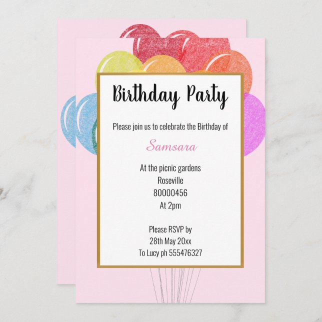 Invitation Balloons arc-en-ciel PINK Anniversaire (Devant / Derrière)