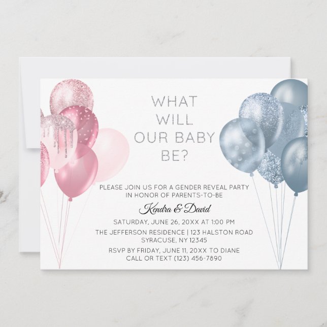 Invitation Balloons bleu rose moderne Fête de révélation de g (Devant)