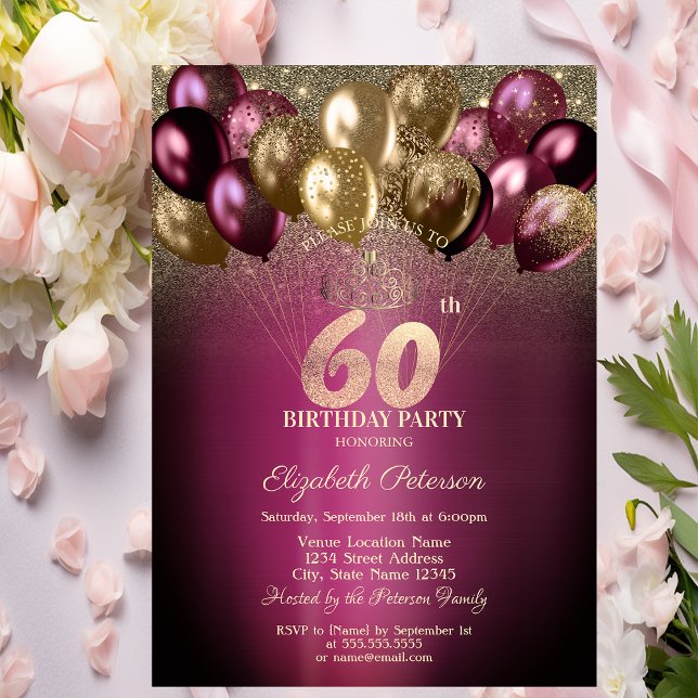 Invitation Balloons Bourguignons Pailletés 60e Anniversaire (Créateur téléchargé)