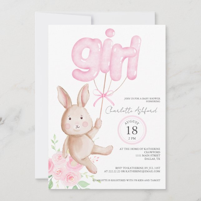 Invitation Balloons Bunny Aquarelle Floral Girl Baby shower (Devant)